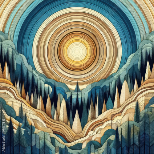 Abstract Geometric Mountain Landscape with Stylized Sun and Forest Illustration in Modern Teal and Earth Tones