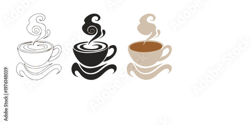 Hot Steaming Coffee Cup Icon Set - Morning Beverage and Cafe Culture Vector