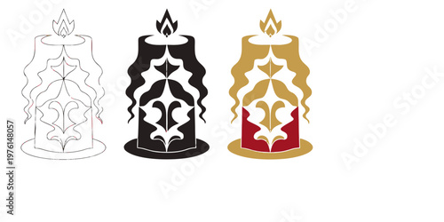 Decorative Ornate Candle with Flame Icon Set - Spiritual Enlightenment and Light Vector
