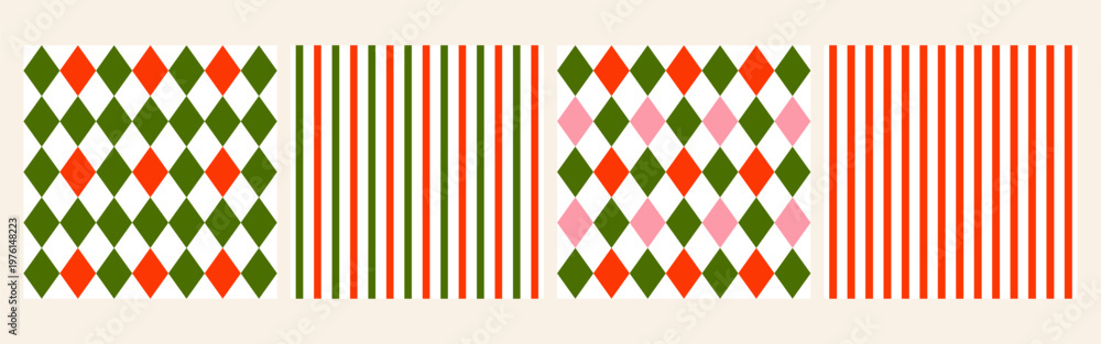 Fototapeta premium Christmas seamless patterns set of 4 with red and green stripes and rhombus. Vector design template. Happy New Year set patterns. Season greeting. Festive background with geometric elements.