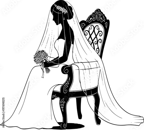 Bride on Chair Silhouette Henna Night Tradition Wedding Veiled Black Vector