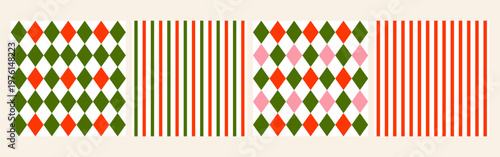 Christmas seamless patterns set of 4 with red and green stripes and rhombus. Vector design template. Happy New Year set patterns. Season greeting. Festive background with geometric elements.
