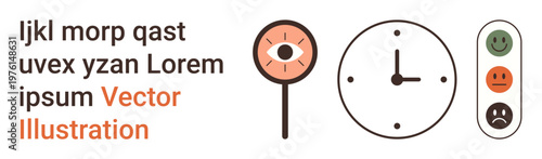 Time management, decision-making, feedback systems, focus, visual design, operational concepts. Eye magnifier, clock and traffic light icons with random text. Time management and decision-making