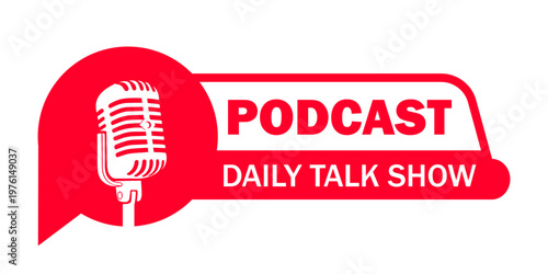 podcast logo text badge red label template design streaming talk show background