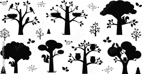 Tree and animal silhouette collection with birds and woodland scenes, playful nature illustrations in black vector design set