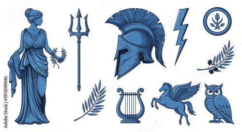 Greek mythology elements and symbols illustration