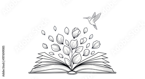 Hummingbird flies from a magical open book with blooming flowers