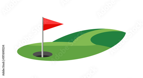 Golf course hole with red flag on white background.