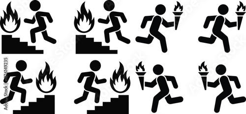 Sequence of icons depicting running and fire safety with torches