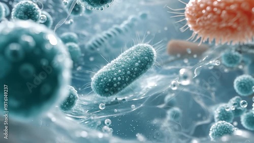 Close-up microscopic view of colorful bacteria and microorganisms. Concept of infection, healthcare, medical science, and biotechnology.