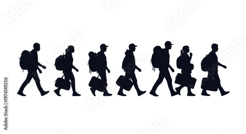 Silhouettes of travelers walking in a line with backpacks and luggage