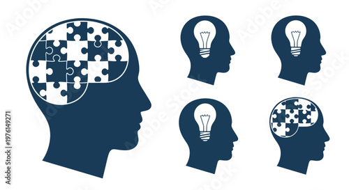 Silhouette of human heads with puzzles and light bulbs