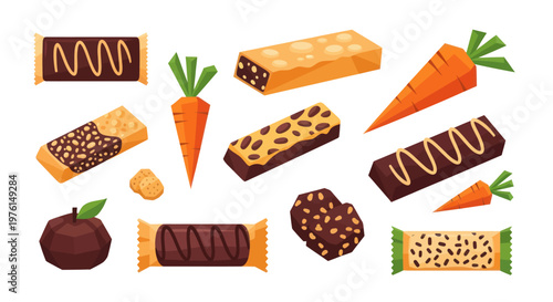 Assorted healthy snacks and sweet treats with carrots and chocolate bars.