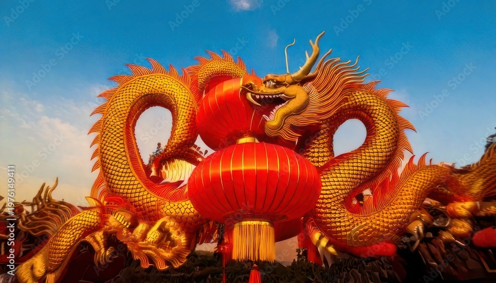 Obraz premium Golden Chinese Dragon with Red Lanterns Against a Blue Sky.
