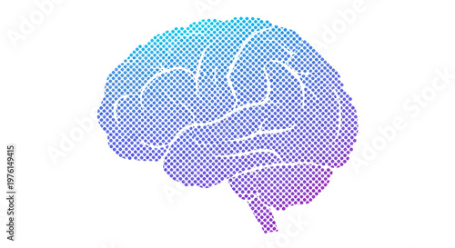 Abstract human brain illustration with blue and purple gradient halftone dots