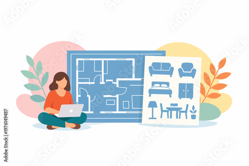 Professional Female Interior Designer Working on House Plan with Laptop