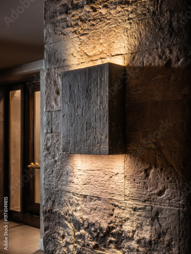 up 3D illustration of a modern black sconce with a dual light feature. The soft golden light grazes a rough slate colored wall, revealing deep pits and ridges in the material. The play of light 