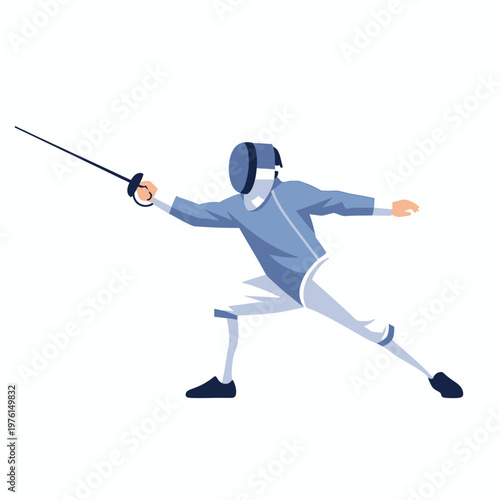Fencer in action, poised with foil sword, blue uniform, dynamic pose, isolated on white