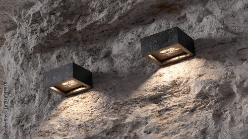 up 3D illustration of a modern black sconce with a dual light feature. The soft golden light grazes a rough slate colored wall, revealing deep pits and ridges in the material. The play of light 