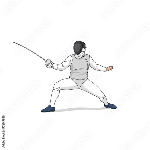 Fencer in protective gear holding foil, ready for duel on white background