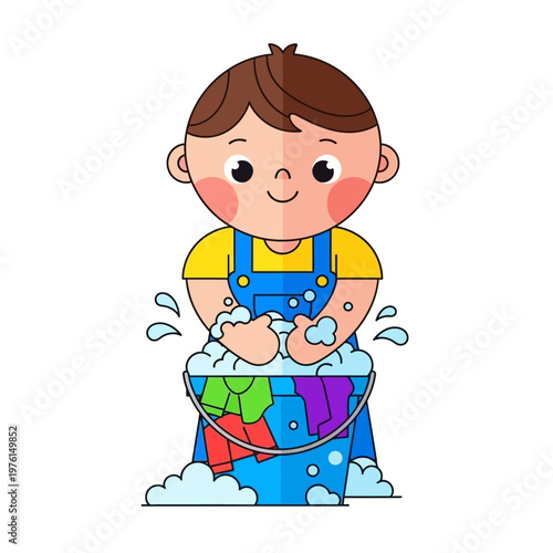 Cute cartoon boy washing clothes in a bucket with soap and water, illustration