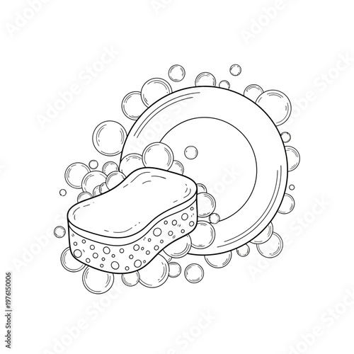 Dishwashing Sponge and Plate with Bubbles - Hand-drawn Line Art