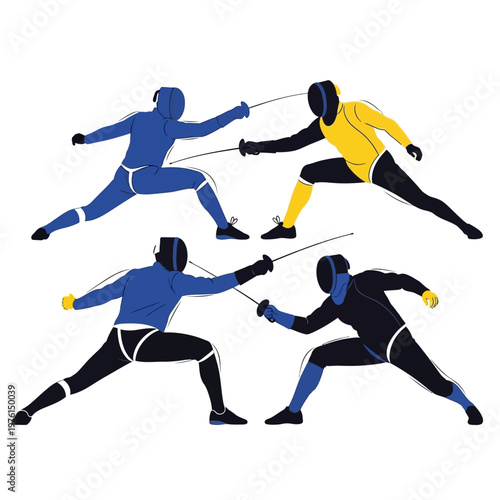 Fencing duel: four athletes in action, blue and yellow uniforms, dynamic poses