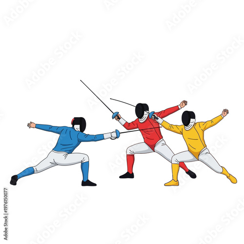 Fencing duel: three athletes in protective gear competing with swords on white background