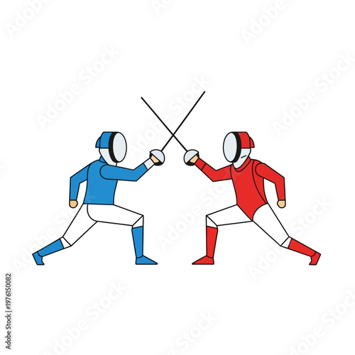 Fencing duel, two athletes in protective gear with swords clashing, dynamic sport illustration
