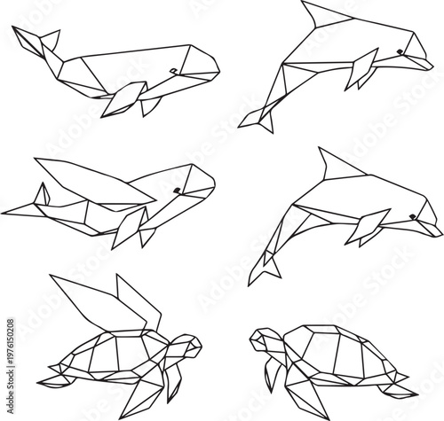 Geometric Marine Animal Silhouette Set with Whale, Dolphin, and Sea Turtle in Origami Style