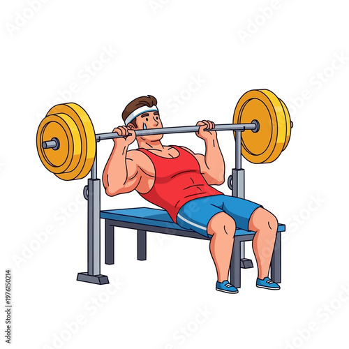 Man doing bench press exercise with barbell in gym, fitness and strength training