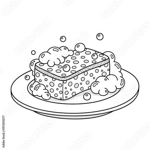 Hand-drawn cartoon sponge with bubbles on a plate, cleaning concept