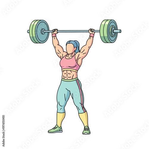 Muscular Woman Lifting Barbell Overhead, Strength Training, Fitness