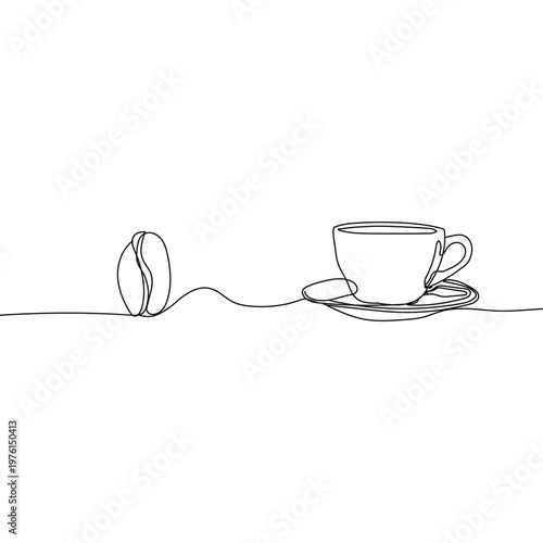 Minimalist continuous line drawing of a coffee bean and cup with saucer isolated on white background. Minimalism hand drawn style. Vector illustration