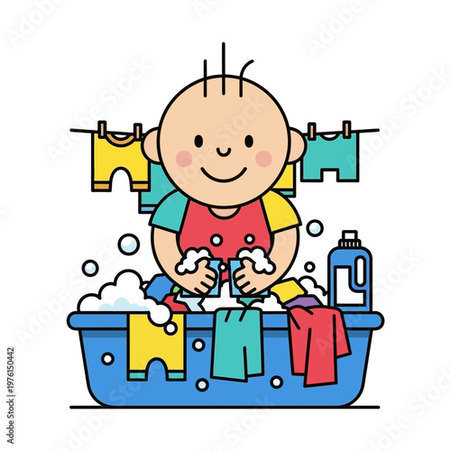 Happy baby washing clothes in bathtub with soap and bubbles, laundry day