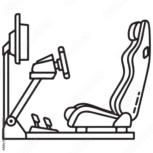 Line Art Illustration of Racing Simulator Setup with Monitor and Seat