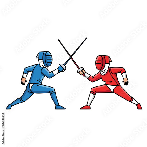 Two Fencers in Blue and Red Suits Duel with Swords on White Background