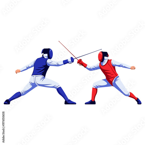Two Fencers Competing in Duel, Action Pose, Sport Illustration