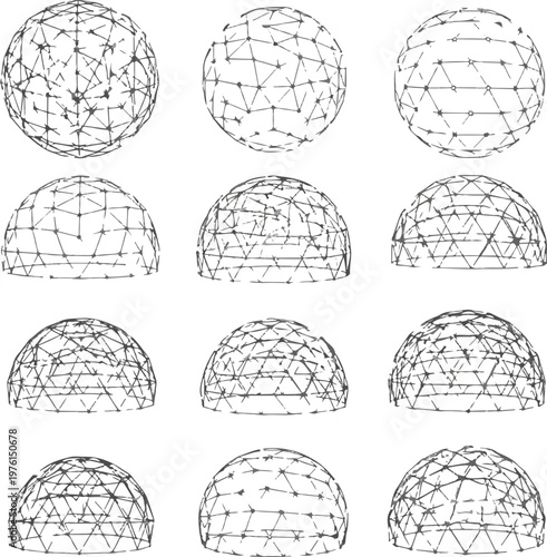Geodesic Dome Wireframe Set: Spherical and Hemispherical Vector Grids