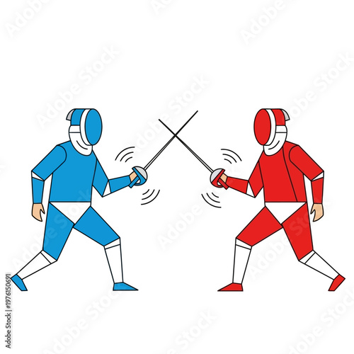 Two Fencers in Blue and Red Uniforms Sparring with Swords, Action Illustration