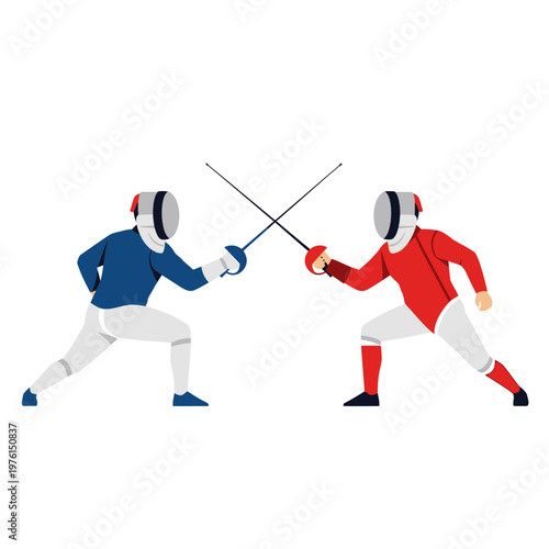 Two Fencers in Uniforms with Swords Crossed, Ready for Duel