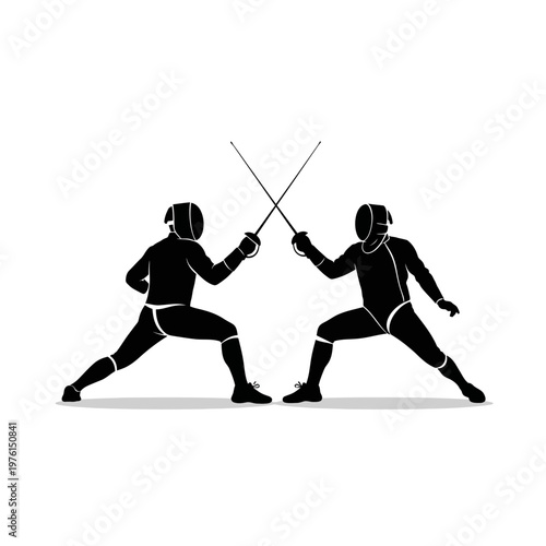 Two Fencers in Silhouette, Swords Crossed in Duel, Competitive Sport