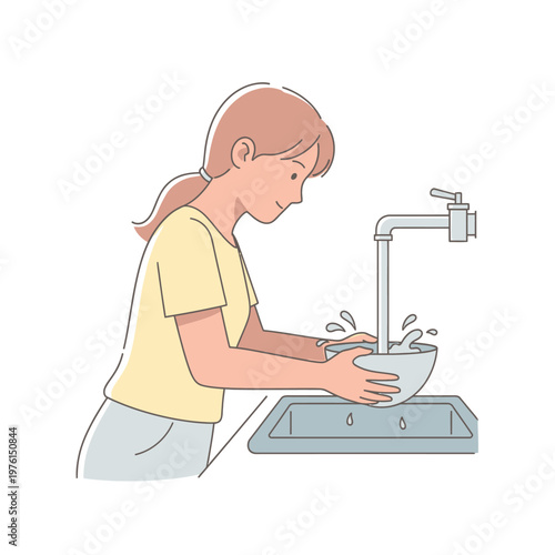Woman washing bowl under running tap water in sink, hygiene, daily chores illustration