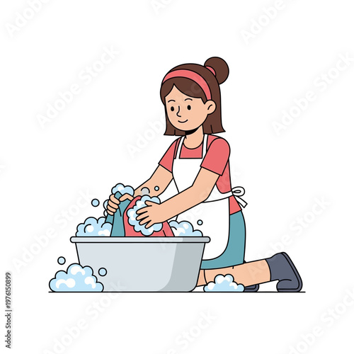 Woman washing clothes by hand in a basin with soap suds, clean laundry concept.
