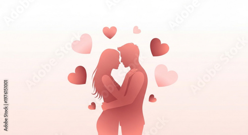 Loving couple silhouette embracing with hearts surrounding them in pink background