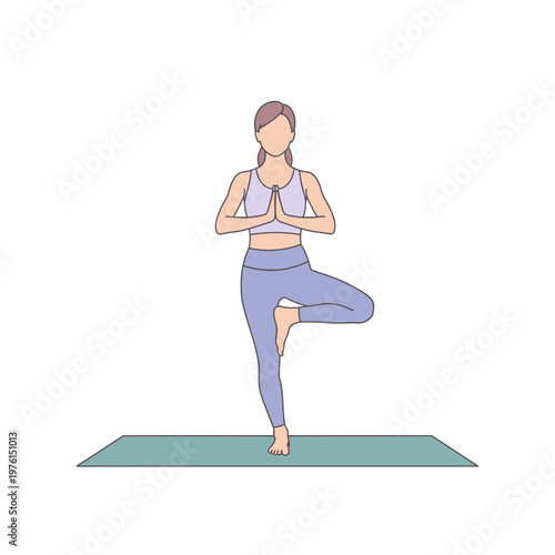 Woman Practicing Yoga Tree Pose (Vrksasana) on Mat, Isolated White Background