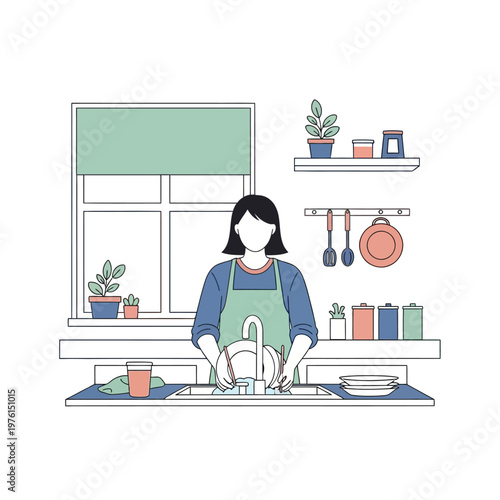 Woman washing dishes at kitchen sink, domestic chores, illustration