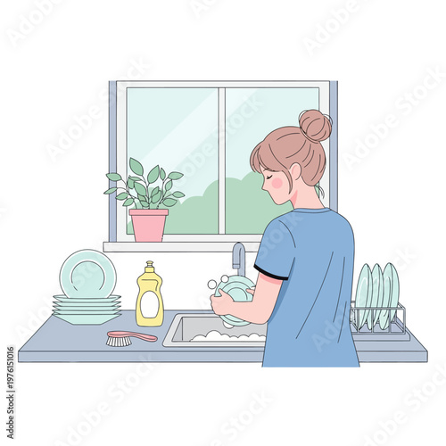 Woman washing dishes at kitchen sink, domestic chores, everyday life illustration