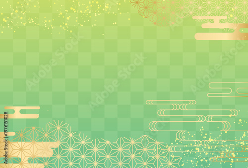 緑と金色の高級感のある和柄 背景　市松模様　	