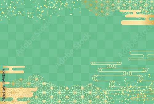 緑と金色の高級感のある和柄 背景　市松模様　